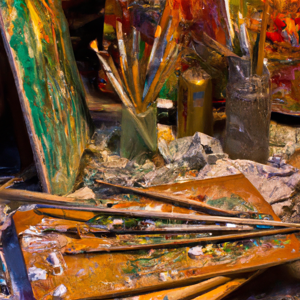 A warm-lit oil painting studio with canvases, brushes, and palette knives on a wooden table